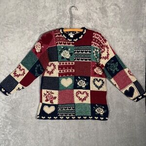Classic Elements Vintage 90s Patchwork Heart Rose Knit Sweater Petite Large USA